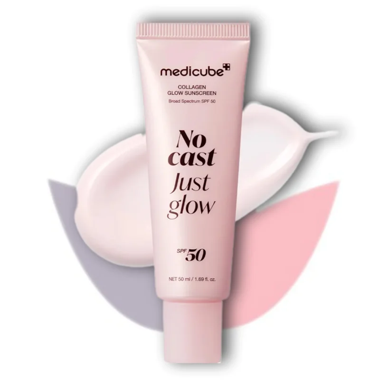 ضدآفتاب کلاژن گلو مدی کیوب | بدون رد سفیدی و درخشان مدل No Cast Just Glow Medicube Collagen Glow Sunscreen SPF50+ PA++++