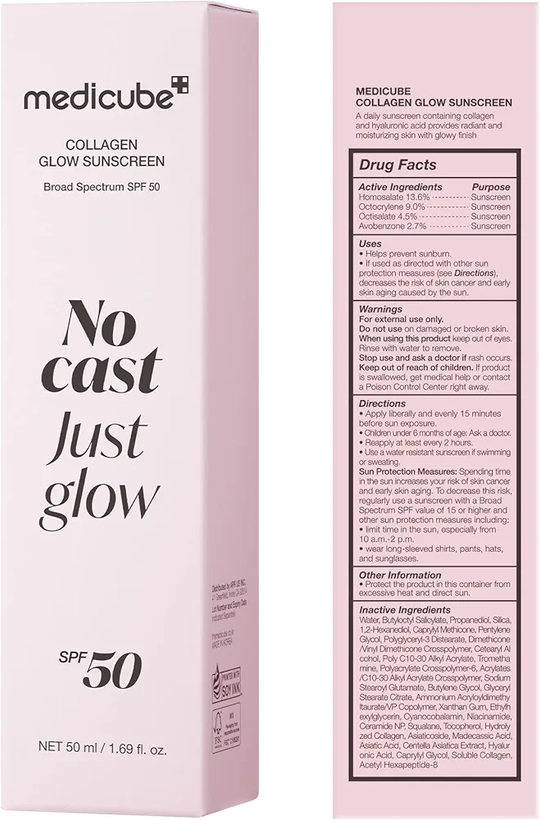 ضدآفتاب کلاژن گلو مدی کیوب | بدون رد سفیدی و درخشان مدل No Cast Just Glow Medicube Collagen Glow Sunscreen SPF50+ PA++++
